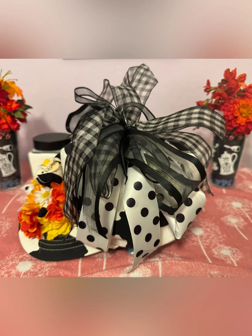 Floral Cow-Themed Party Hat with Black & White Ribbon